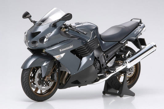 Tamiya 1/12 Kawasaki ZZR1400 kit, built model in grey on a stand, front three-quarter view