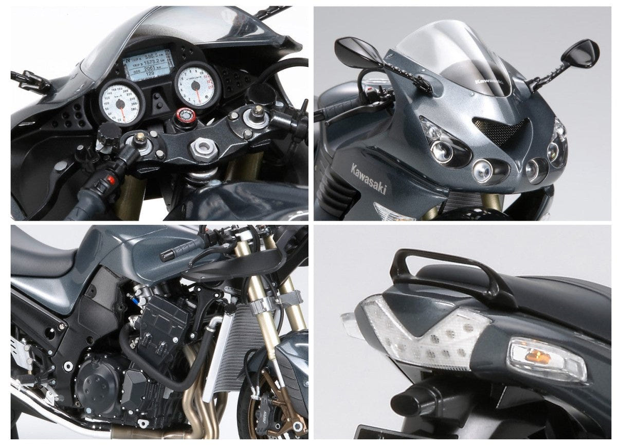 Tamiya 1/12 Kawasaki ZZR1400 kit, four close-ups of dashboard, headlight, engine and tail light