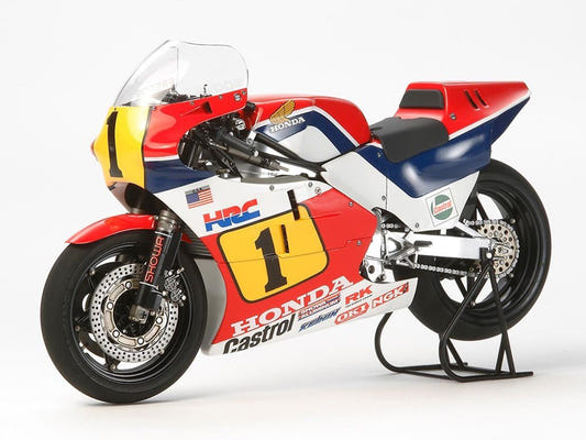 Tamiya 1/12 Honda NSR500 '84 kit, built model in HRC red, white and blue number 1 livery, front view