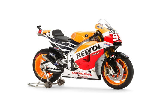 Tamiya 1/12 Repsol Honda RC213V 2014 kit, built model in Repsol livery number 93 on stand, front view