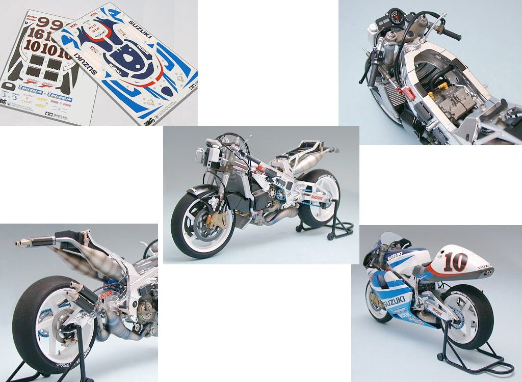 Tamiya 1/12 Suzuki RGV-Gamma XR89 kit, collage of decal sheet and unfaired and finished builds