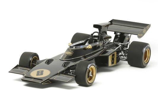 Tamiya 1/12 Team Lotus Type 72D 1972 kit, built model in black and gold number 8 livery