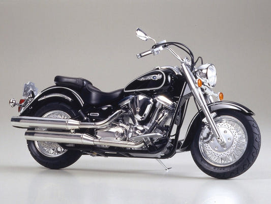 Tamiya 1/12 Yamaha XV1600 Road Star kit, built model in black and chrome, left side view