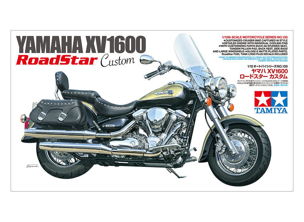 Tamiya 1/12 Yamaha XV1600 Road Star Custom kit, box art showing the cruiser, side view