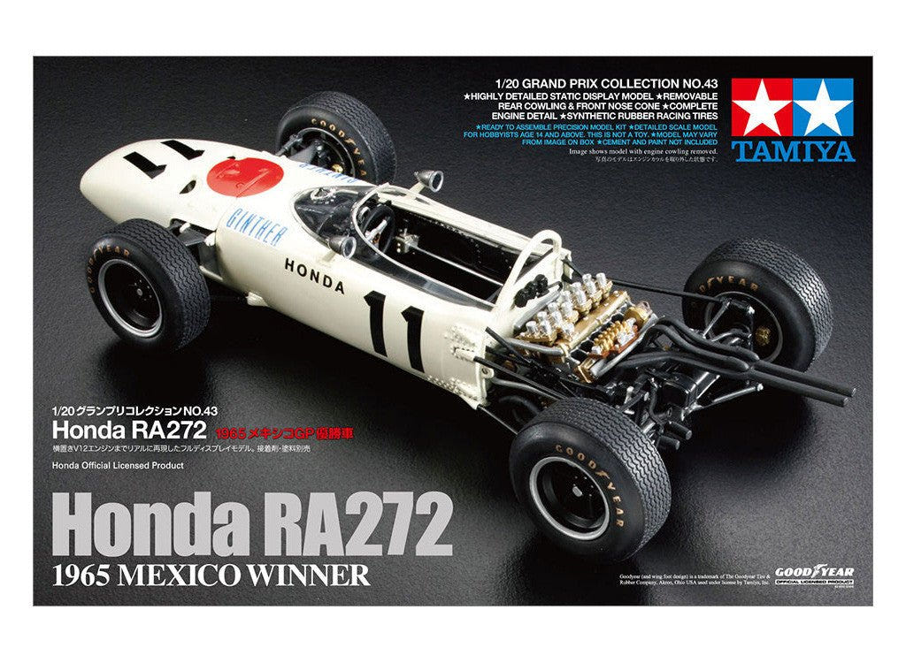Tamiya 1/20 Honda RA272 1965 Mexico Winner kit, box art showing the white F1 car and engine