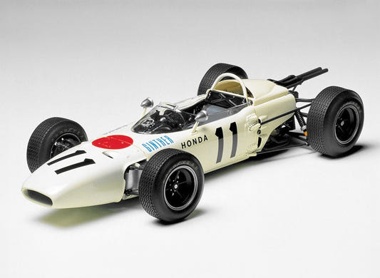 Tamiya 1/20 Honda RA272 1965 Mexico Winner kit, built model in ivory white number 11, front view