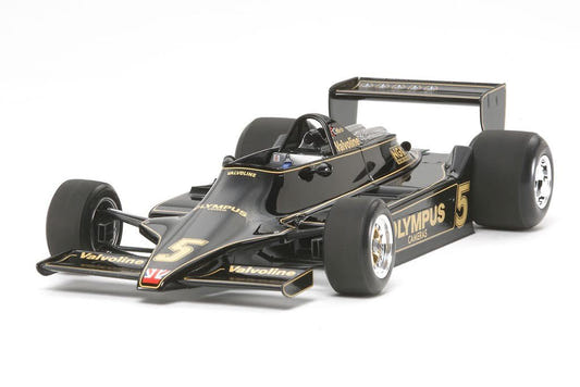 Tamiya 1/20 Lotus Type 79 1978 kit, built model in black and gold number 5, front three-quarter view