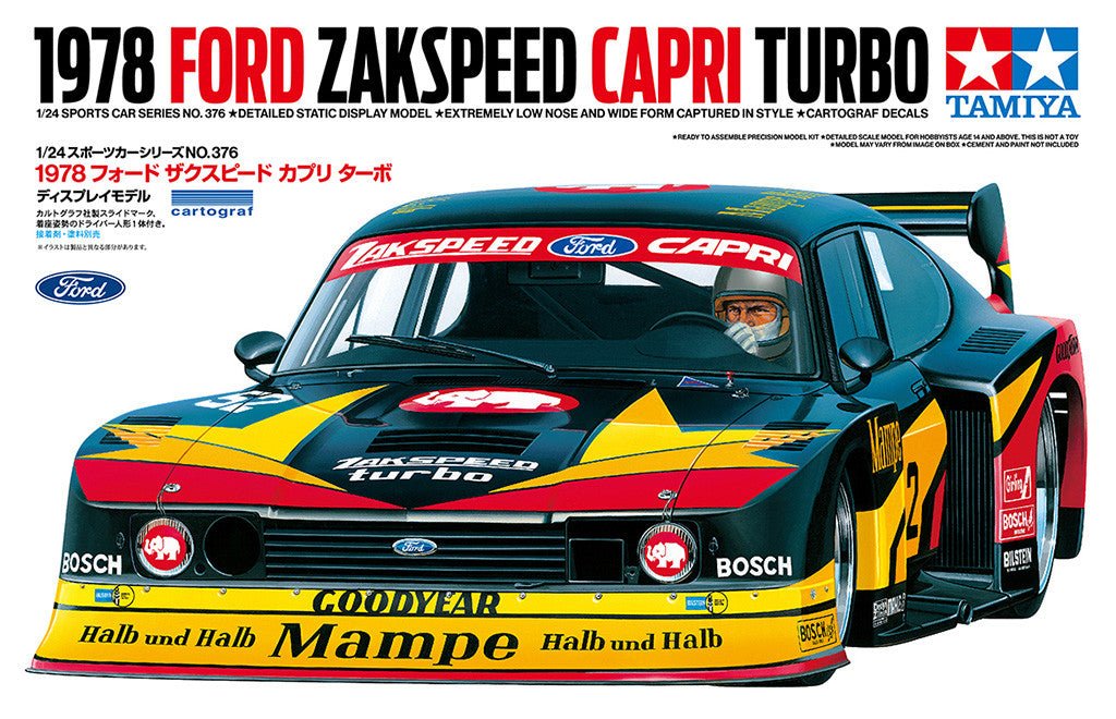 Tamiya 1/24 1978 Ford Zakspeed Capri Turbo kit, box art showing the race car head-on