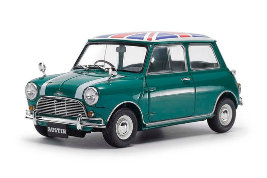 Tamiya 1/24 Austin Mini Cooper 1275S Mk.I kit, built model in green with Union Jack roof, front view