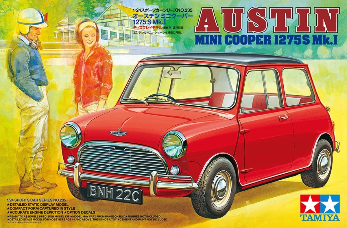 Tamiya 1/24 Austin Mini Cooper 1275S Mk.I kit, box art showing a red Mini with two figures