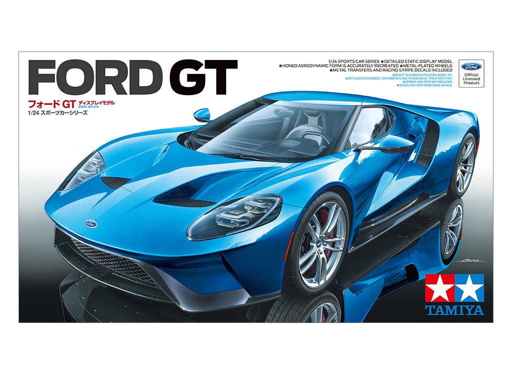Tamiya 1/24 Ford GT kit, box art showing the blue supercar