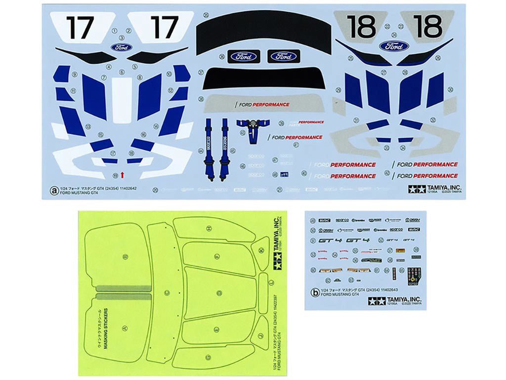 Tamiya 1/24 Ford Mustang GT4 kit, decal sheets for numbers 17 and 18 and masking sheet