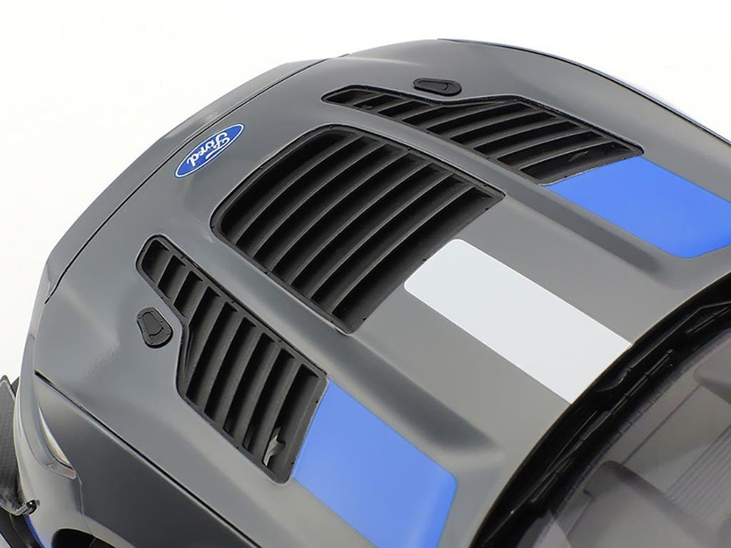 Tamiya 1/24 Ford Mustang GT4 kit, close-up of bonnet vents with blue and white stripe