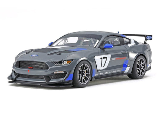 Tamiya 1/24 Ford Mustang GT4 kit, built model in grey with blue number 17 livery, front view