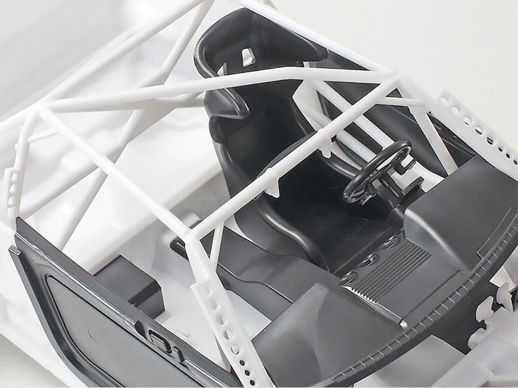 Tamiya 1/24 Ford Mustang GT4 kit, close-up of interior with roll cage and race seat