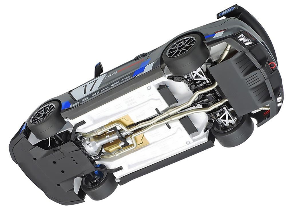 Tamiya 1/24 Ford Mustang GT4 kit, underside view showing exhaust and suspension