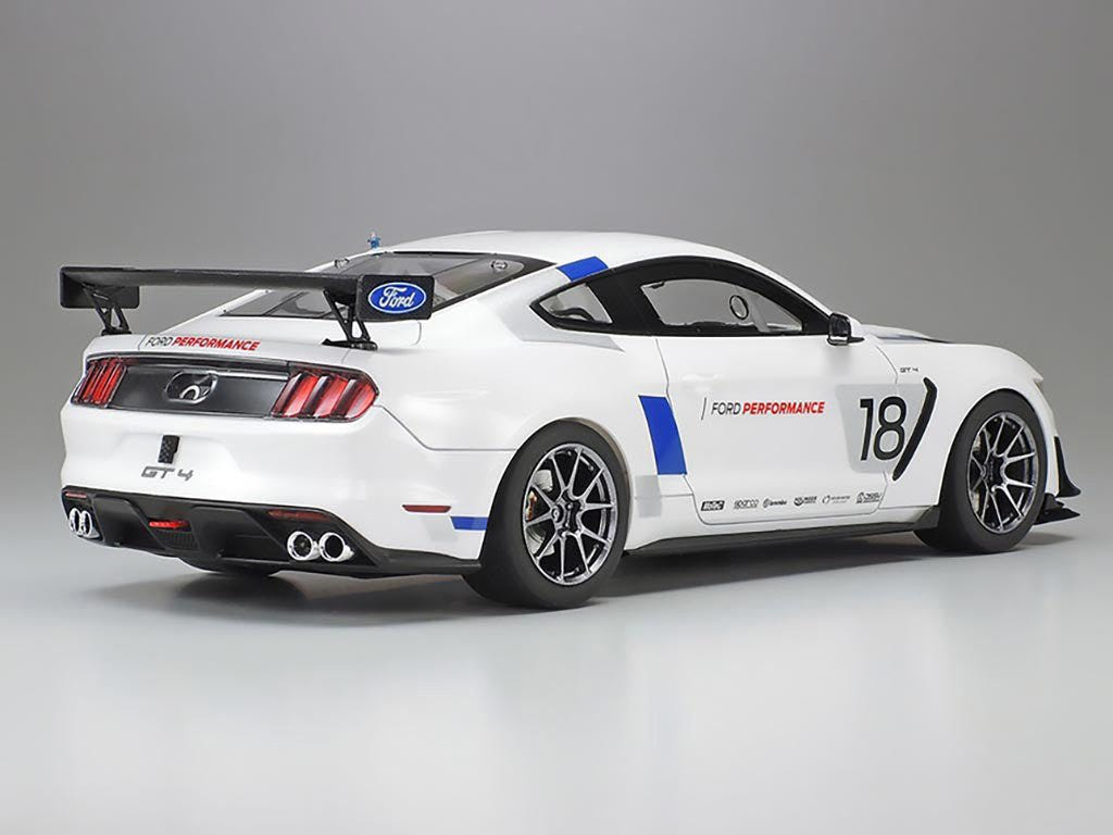 Tamiya 1/24 Ford Mustang GT4 kit, white number 18 build, rear three-quarter view