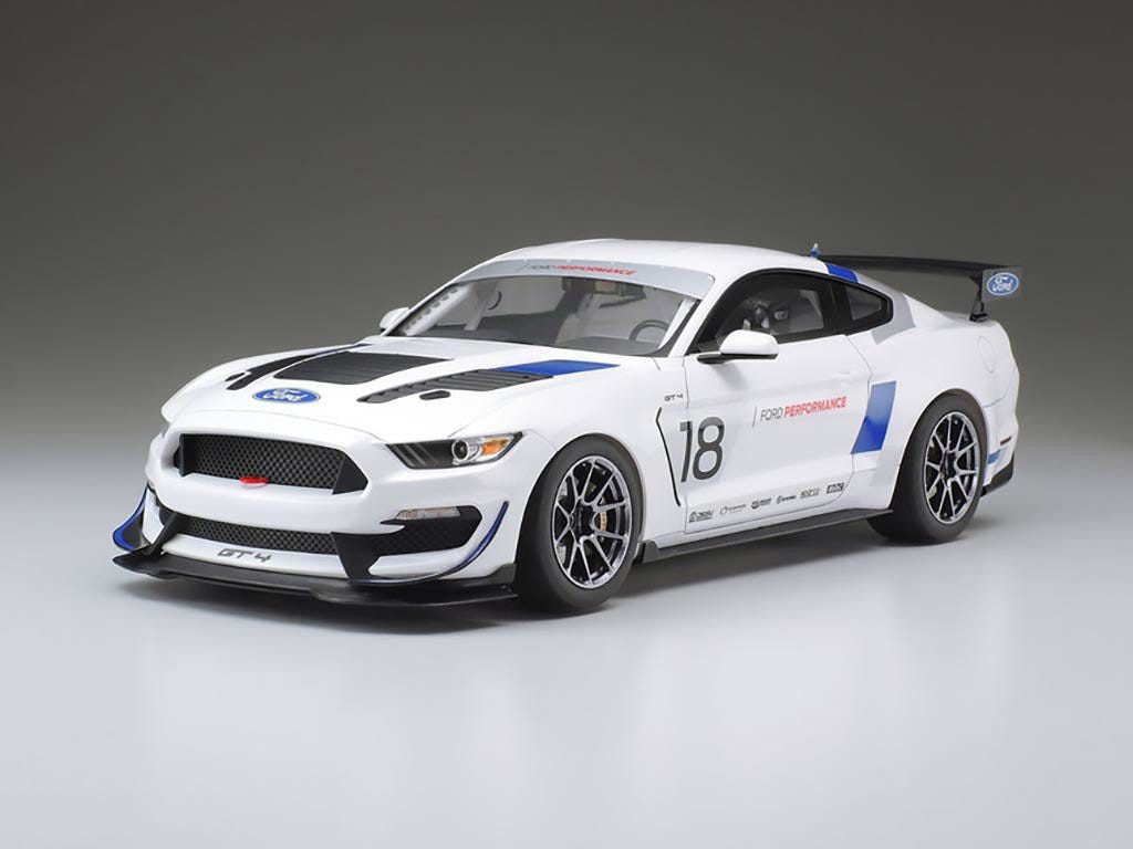 Tamiya 1/24 Ford Mustang GT4 kit, built model in white with number 18 livery, front view