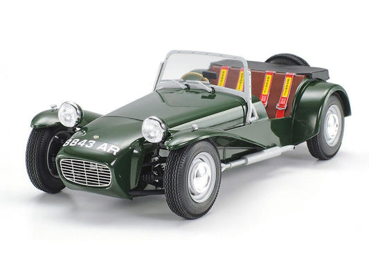 Tamiya 1/24 Lotus Super 7 Series II kit, built model in dark green, front three-quarter view