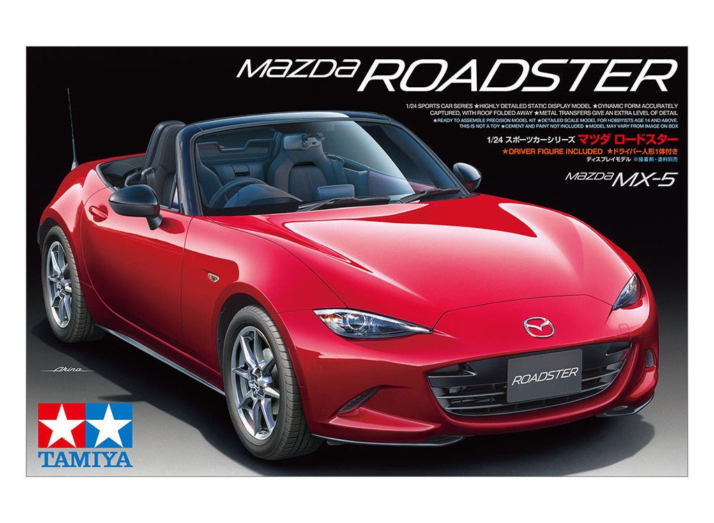 Tamiya 1/24 Mazda MX-5 Roadster kit, box art showing the red convertible
