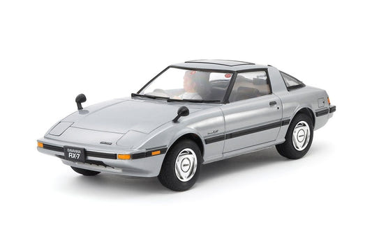 Tamiya 1/24 Mazda Savanna RX-7 kit, built model in silver with driver figure, front view