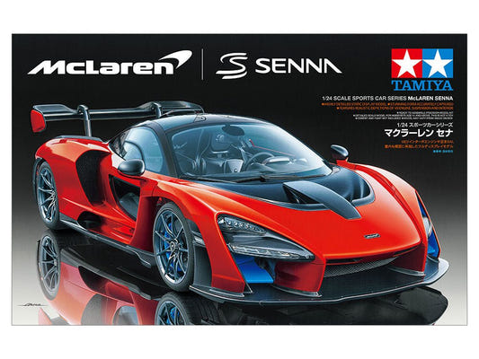 Tamiya 1/24 McLaren Senna kit, box art showing the orange supercar