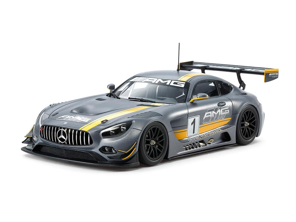 Tamiya 1/24 Mercedes-AMG GT3 kit, built model in grey with yellow stripes, front three-quarter view