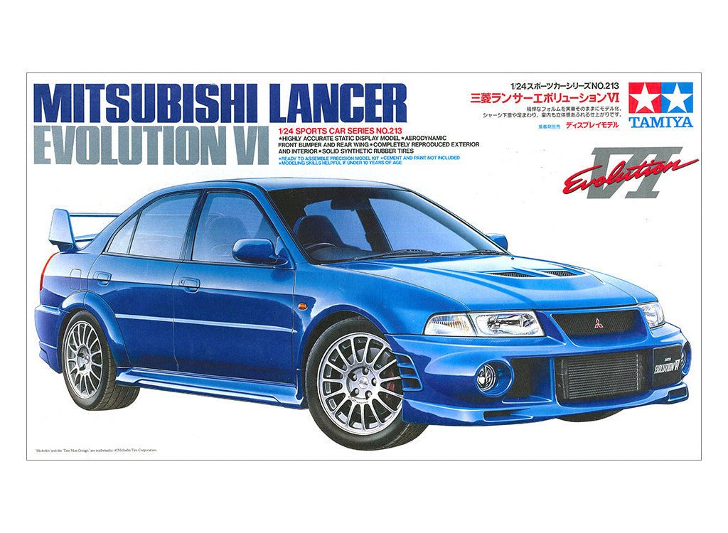 Tamiya 1/24 Mitsubishi Lancer Evolution VI kit, box art showing the blue saloon