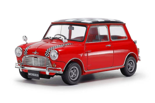 Tamiya 1/24 Morris Mini Cooper 1275S Mk.I kit, built model in red with chequered roof, front view