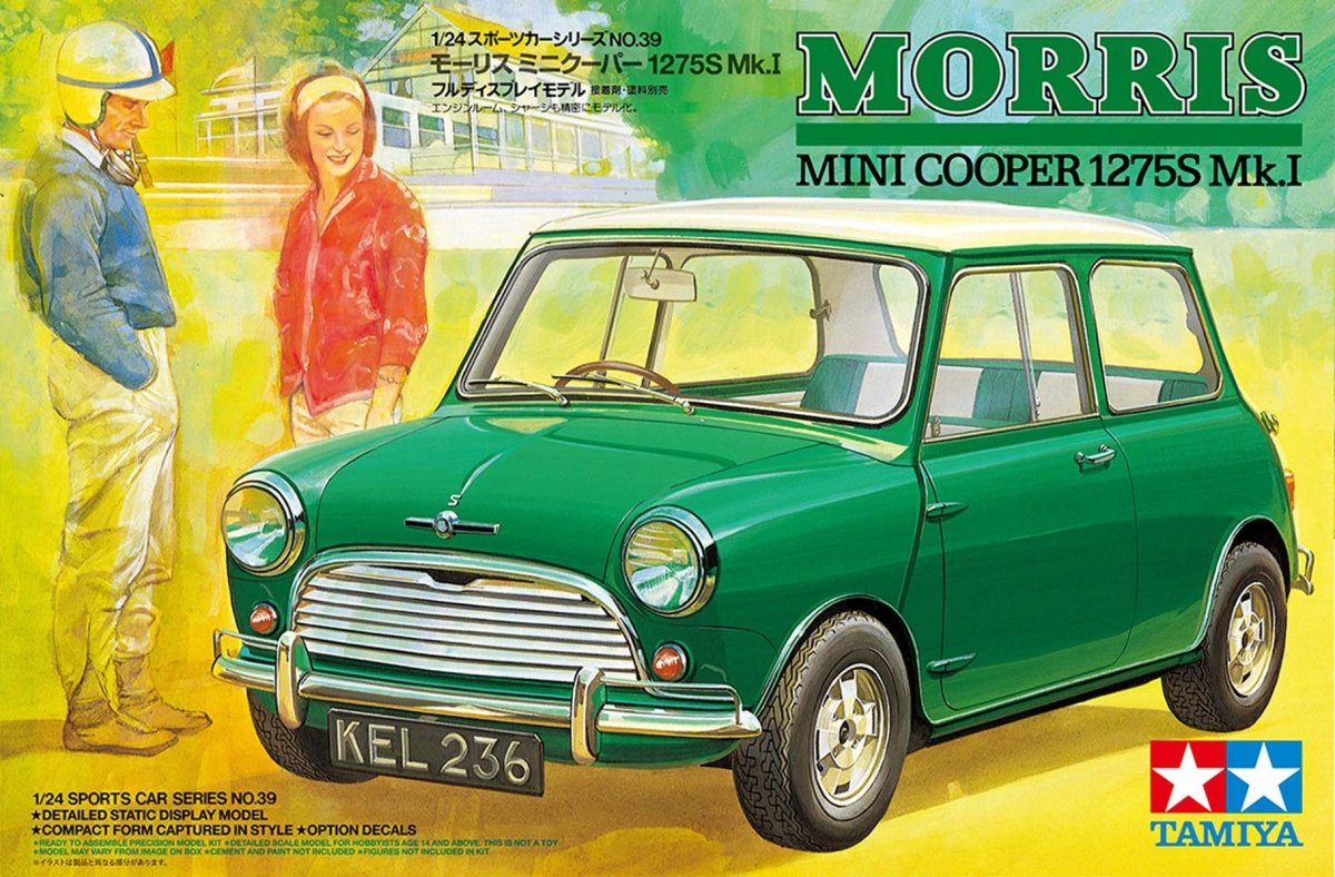 Tamiya 1/24 Morris Mini Cooper 1275S Mk.I kit, box art showing a green Mini with two figures