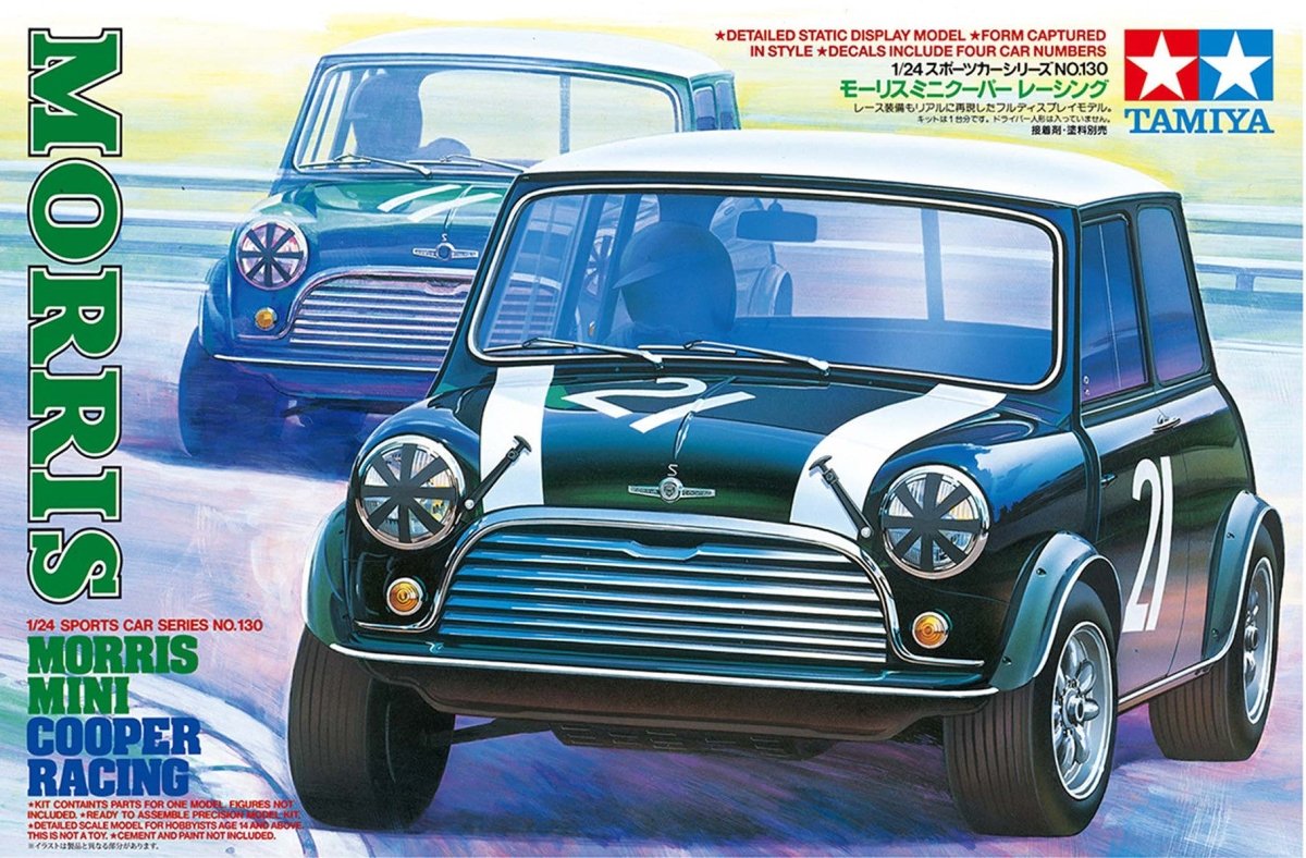 Tamiya 1/24 Morris Mini Cooper Racing kit, box art showing two green Minis racing