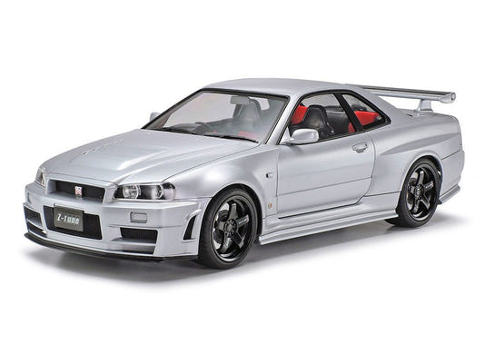 Tamiya 1/24 Nismo R34 GT-R Z-tune kit, built model in silver, front three-quarter view