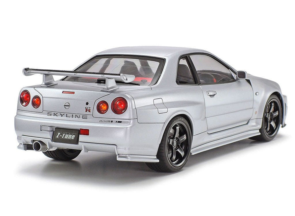Tamiya 1/24 Nismo R34 GT-R Z-tune kit, built model in silver, rear three-quarter view