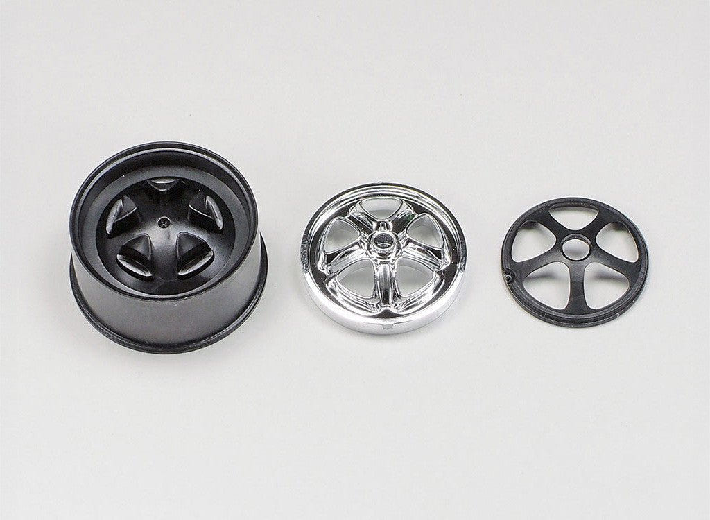Tamiya 1/24 Nissan Fairlady 240ZG kit, wheel parts: black rim, chrome hub and spoke insert