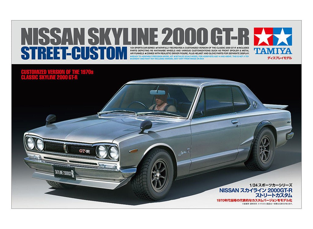 Tamiya 1/24 Nissan Skyline 2000 GT-R Street-Custom kit, box art showing the silver coupe with driver