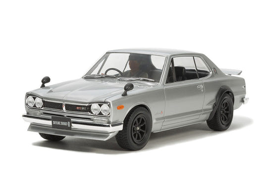 Tamiya 1/24 Nissan Skyline 2000 GT-R Street-Custom kit, built model in silver, front three-quarter view