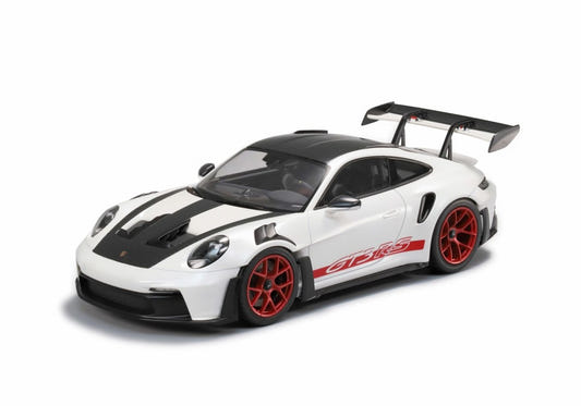 Tamiya 1/24 Porsche 911 GT3 RS (992) kit, built model in white with red wheels, front view