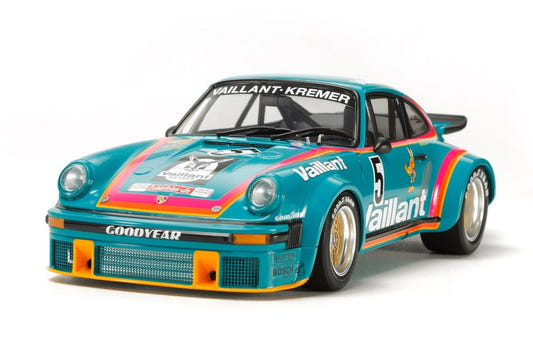 Tamiya 1/24 Porsche 934 Turbo RSR Vaillant kit, built model in green Vaillant livery number 5, front view