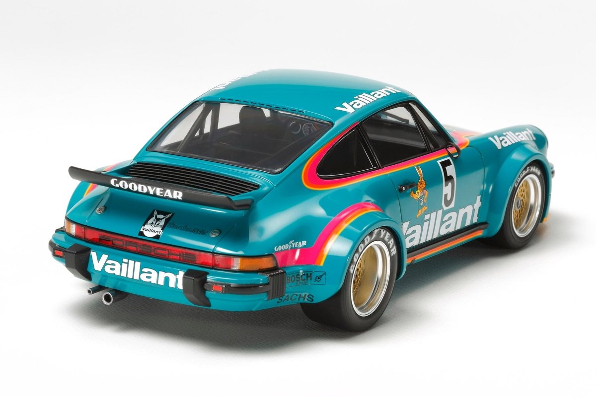 Tamiya 1/24 Porsche 934 Turbo RSR Vaillant kit, built model, rear three-quarter view
