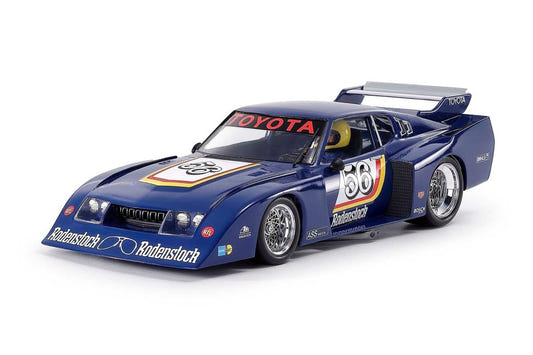 Tamiya 1/24 Toyota Celica LB Turbo Gr.5 kit, built model in dark blue Rodenstock livery, front view
