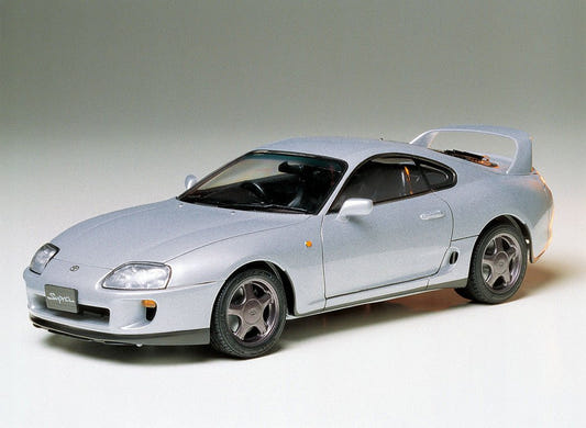 Tamiya 1/24 Toyota Supra kit, built model in silver, front three-quarter view