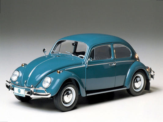 Tamiya 1/24 Volkswagen 1300 Beetle kit, built model in blue-green, front three-quarter view