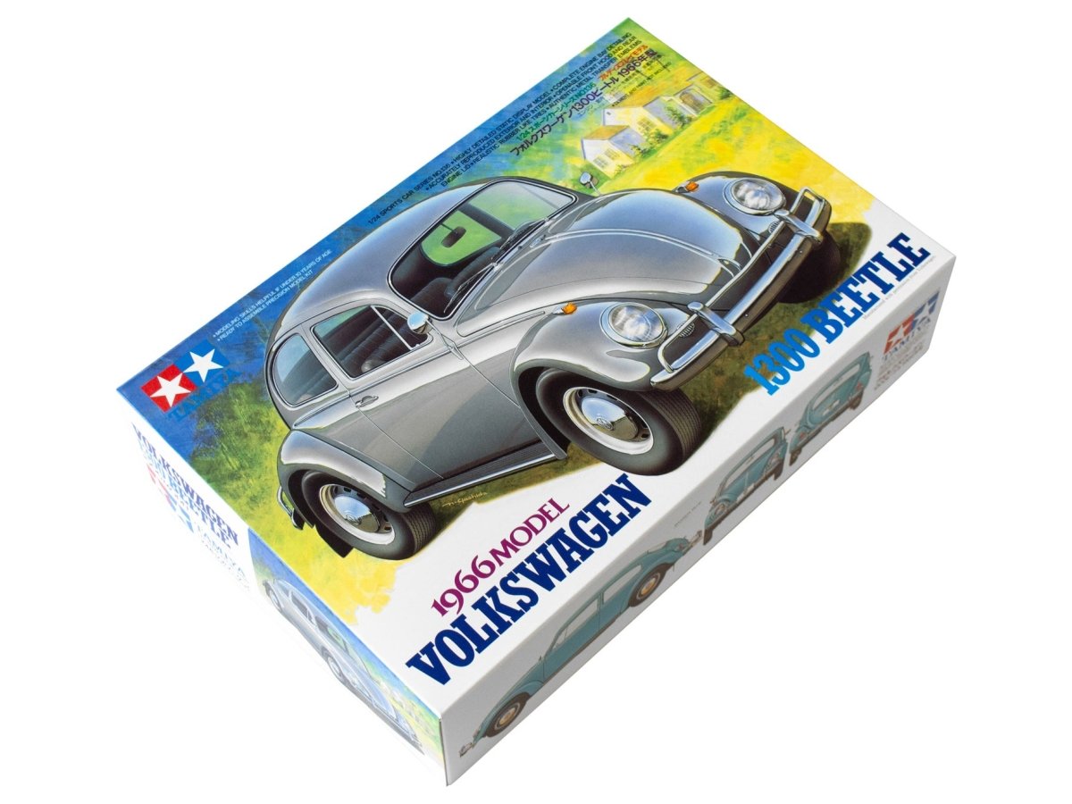Tamiya 1/24 Volkswagen 1300 Beetle kit, box shown at an angle with 1966 model box art