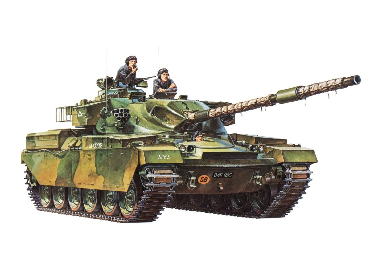 Tamiya 1/35 British Chieftain Mk.5 tank kit, built model in camouflage with crew figures, side view