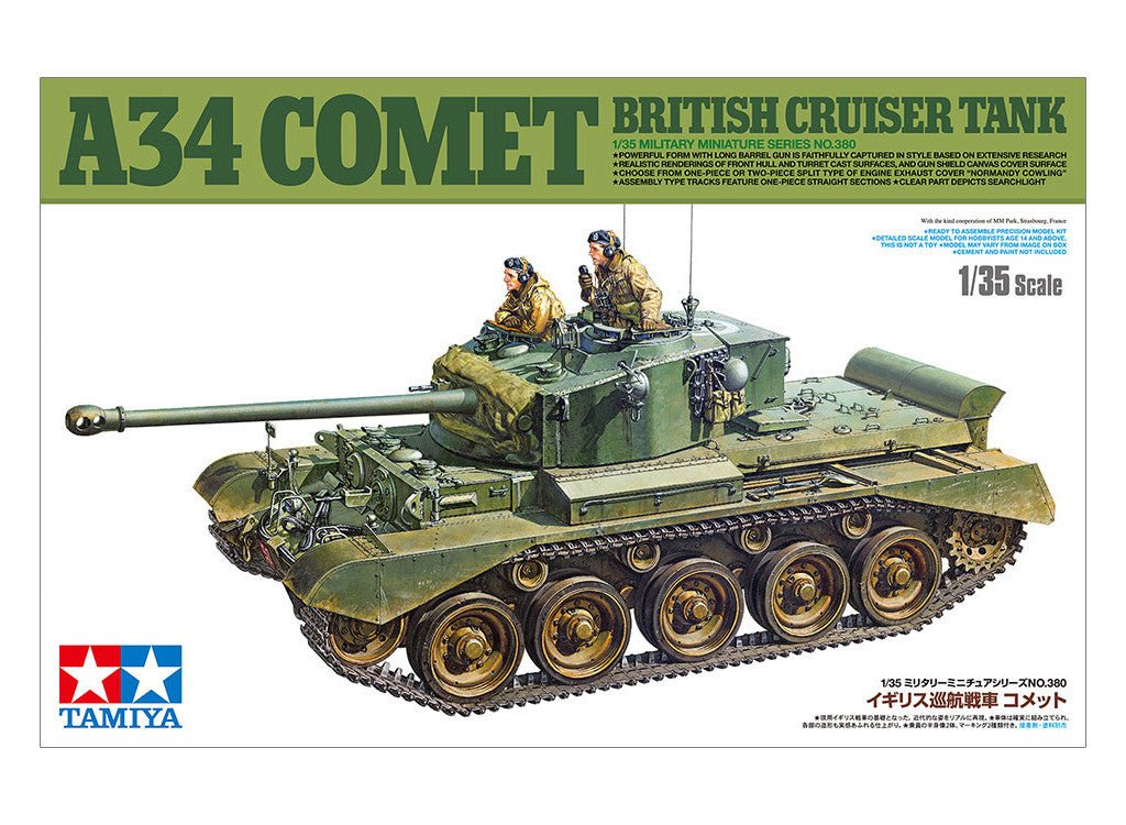 Tamiya 1/35 A34 Comet British cruiser tank kit, box art showing the tank with crew in the turret