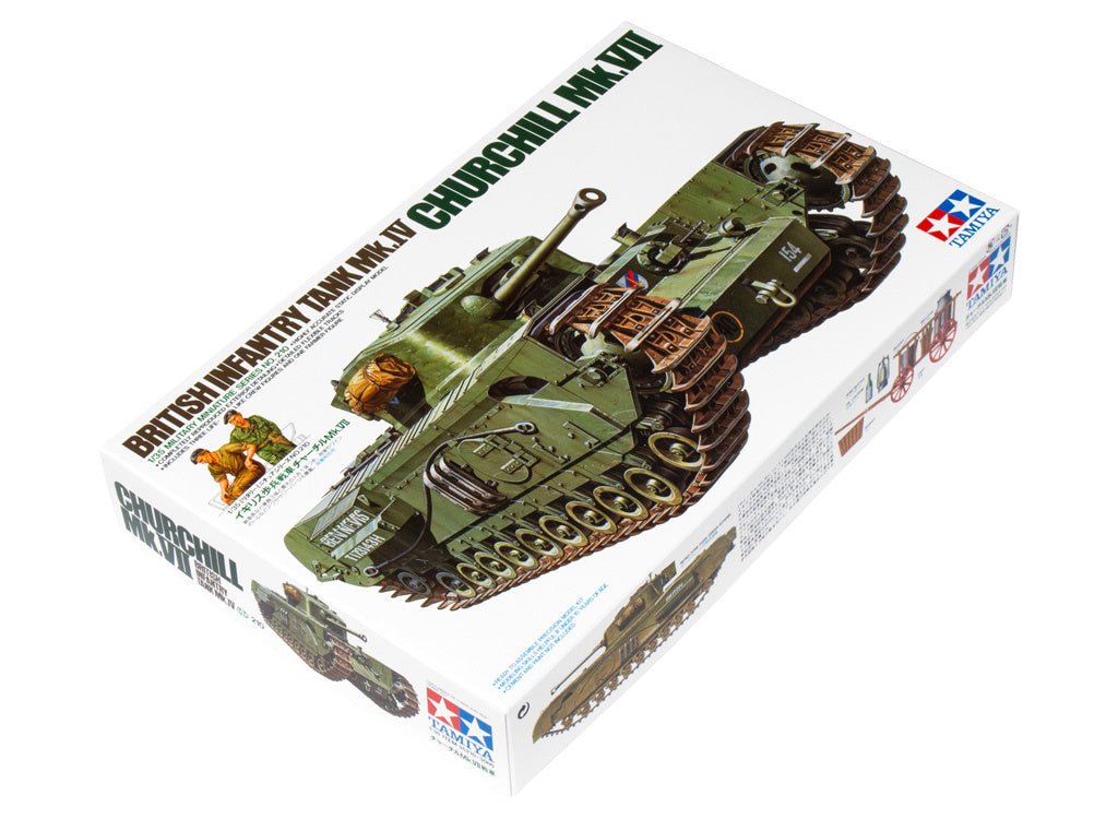 Tamiya 1/35 Churchill Mk.VII tank kit, box shown at an angle with tank box art