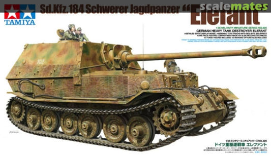 Tamiya 1/35 Elefant Sd.Kfz.184 tank destroyer kit, box art showing the vehicle in camouflage