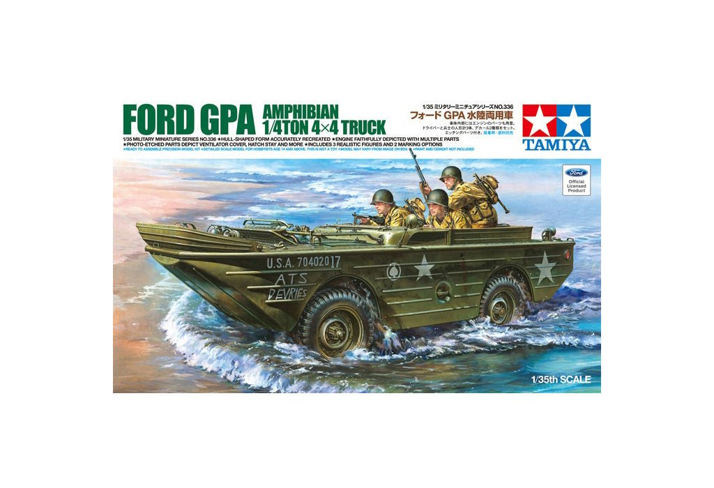 Tamiya 1/35 Ford GPA amphibious 4x4 kit, box art showing the vehicle crossing water with crew