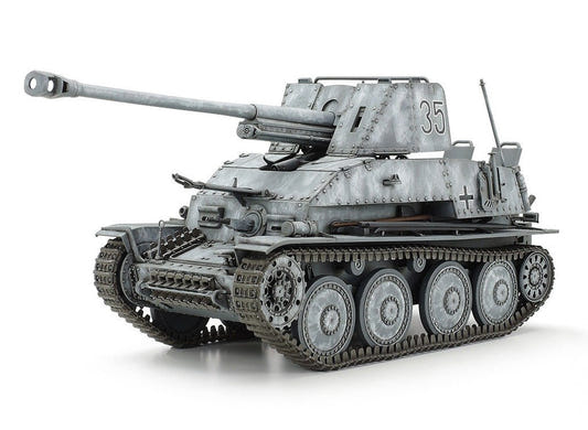 Tamiya 1/35 German Marder III kit, built model in winter whitewash, front three-quarter view