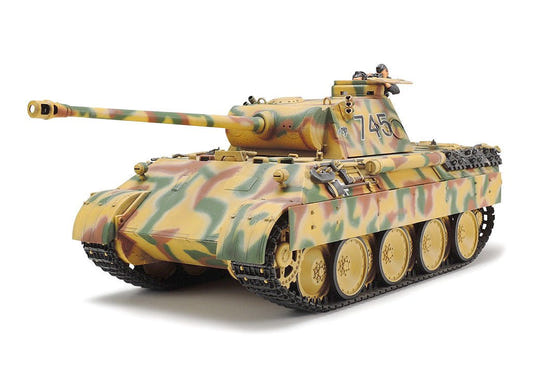 Tamiya 1/35 German Panther Ausf.D tank kit, built model in three-tone camouflage, front three-quarter view